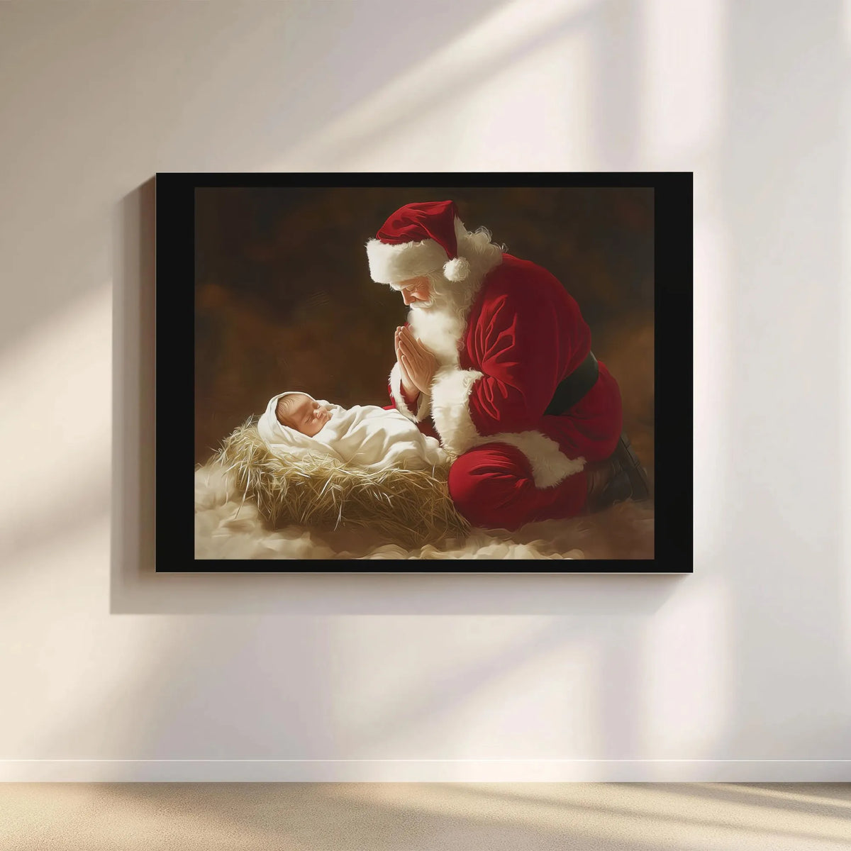 Nativity Scene Wall Art, Santa Kneeling at Manger Canvas, Religious Christmas Canvas Print, Christian Holiday Canvas, Christi