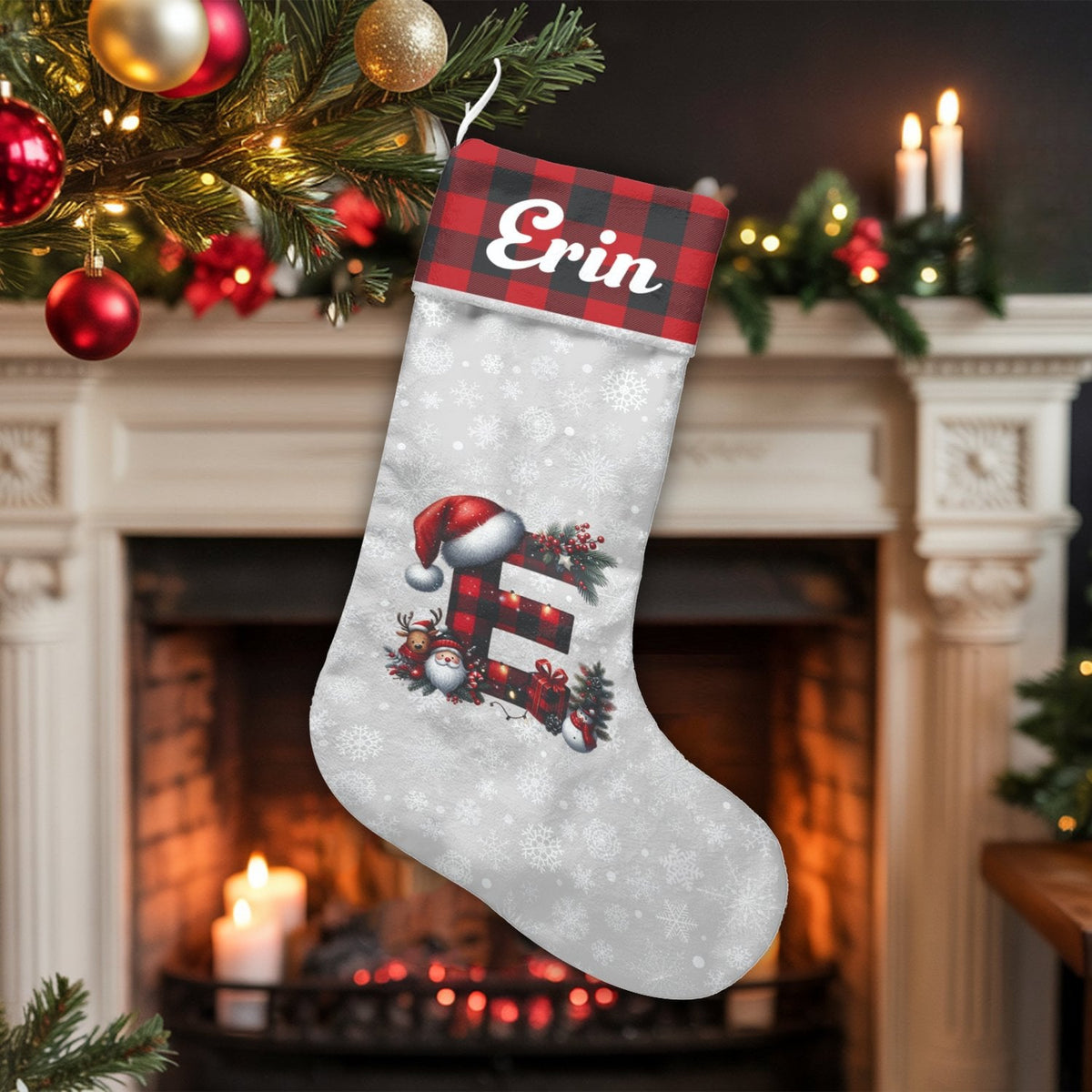Personalized Letter Monogram Stocking, Buffalo Plaid Initial Christmas Stocking, Rustic Farmhouse Holiday Stocking, Custom Fa
