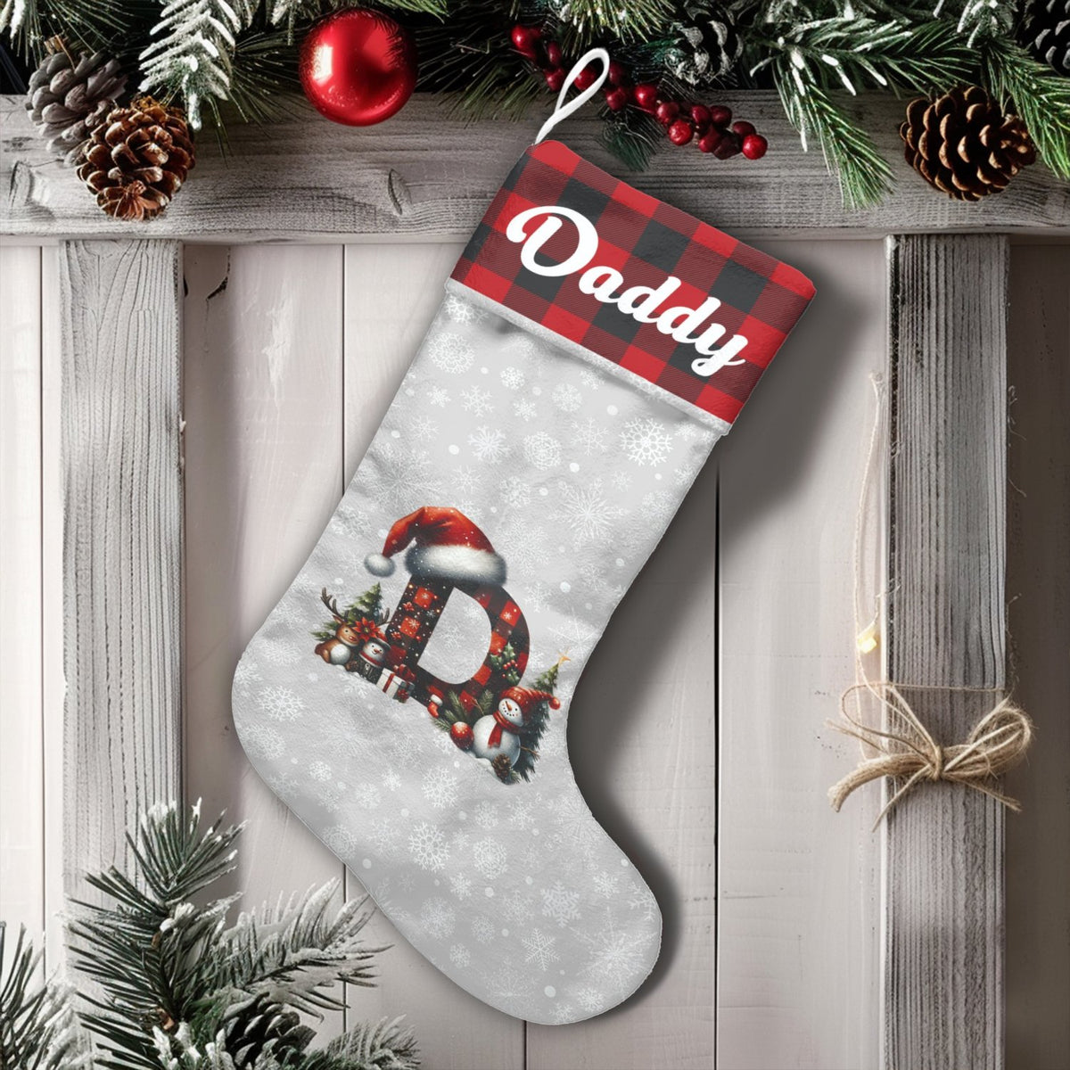 Custom Monogram Christmas Stocking, Personalized Buffalo Plaid Christmas Stocking, Rustic Holiday Stocking, Family Fireplace 