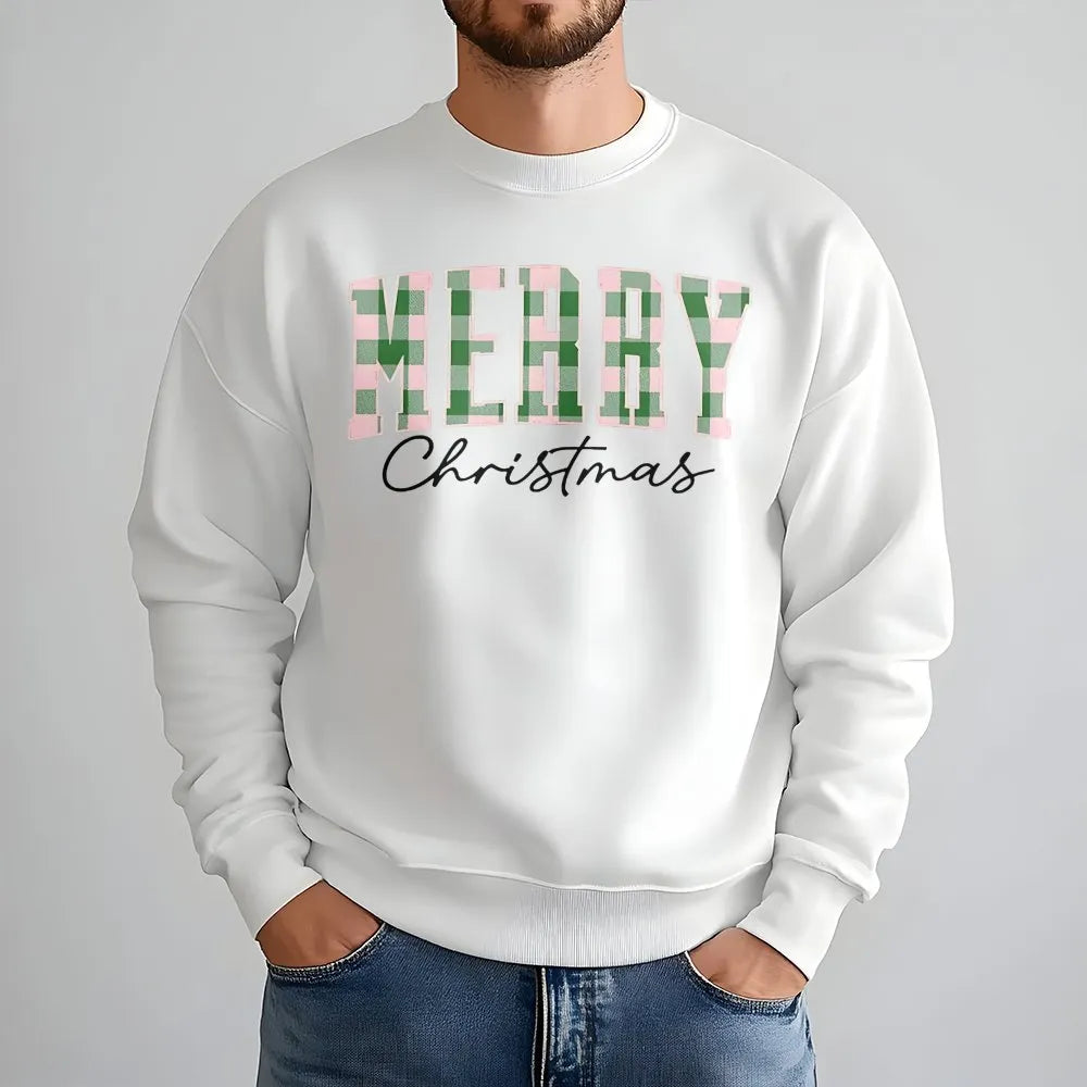 Green Buffalo Plaid Holiday Sweater, Merry Christmas Sweatshirt, Vintage Xmas Lettering Crewneck, Family Winter Pullover