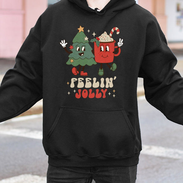 Feelin' Jolly Tree Cocoa Pullover, Retro Christmas Hoodie, Adorable Vintage Holiday Graphic Hooded Sweatshirt, Comfy Winter S
