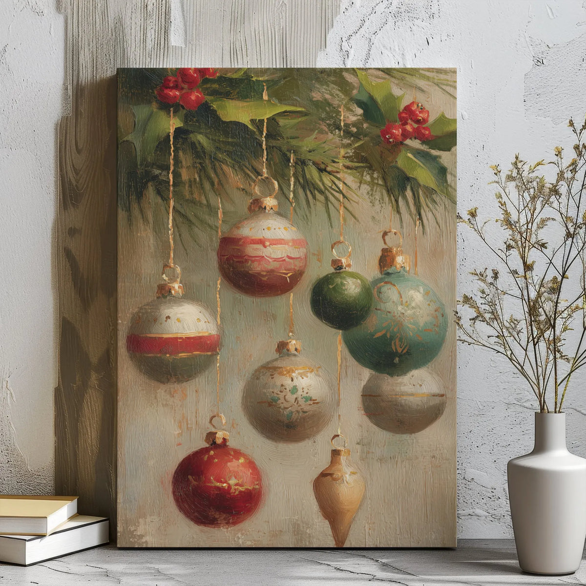 Holly Berries Oil Painting Print, Vintage Christmas Ornaments Canvas Wall Art, Holiday Canvas Poster, Digital Download Decor