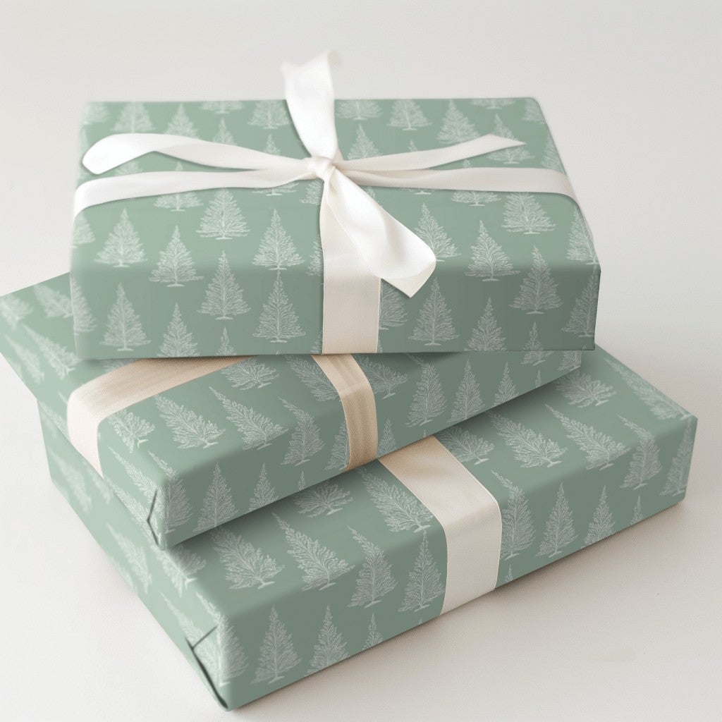 Minimalist White Tree Gift Wrap, Sage Green Christmas Tree Wrapping Paper, Elegant Holiday Wrapping Paper, Winter Season Wrap