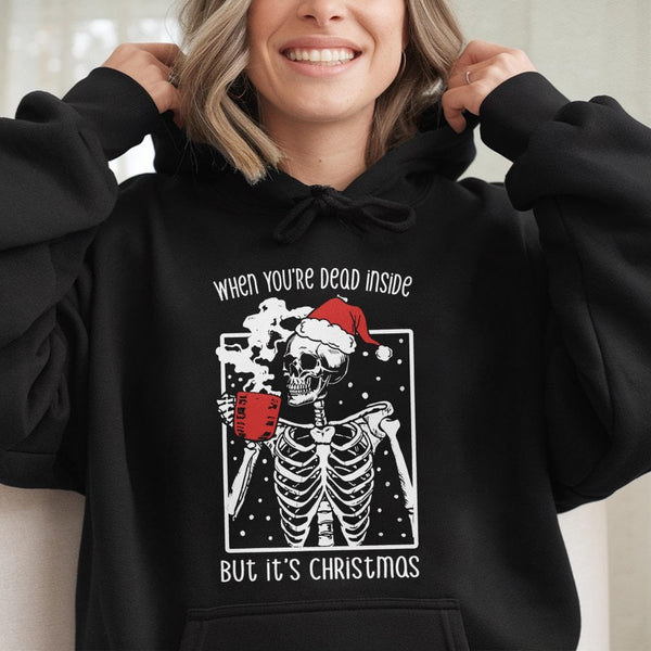 Dead Inside Coffee Holiday Sweatshirt, Skeleton Christmas Hoodie, Humorous Dark Humor Xmas Pullover, Skeleton Coffee Hoodie, 