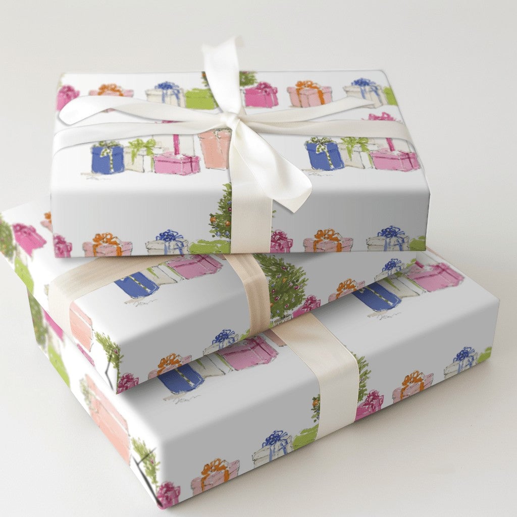 Watercolor Holiday Presents Gift Wrap, Christmas Tree Wrapping Paper, Festive Colorful Xmas Tree Gift Wrapping Paper, Winter 