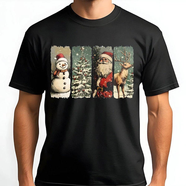 Retro Santa Snowman Reindeer Graphic Tee, Vintage Christmas T-Shirt, Nostalgic Holiday Party Shirt, Classic Family Xmas Vacat