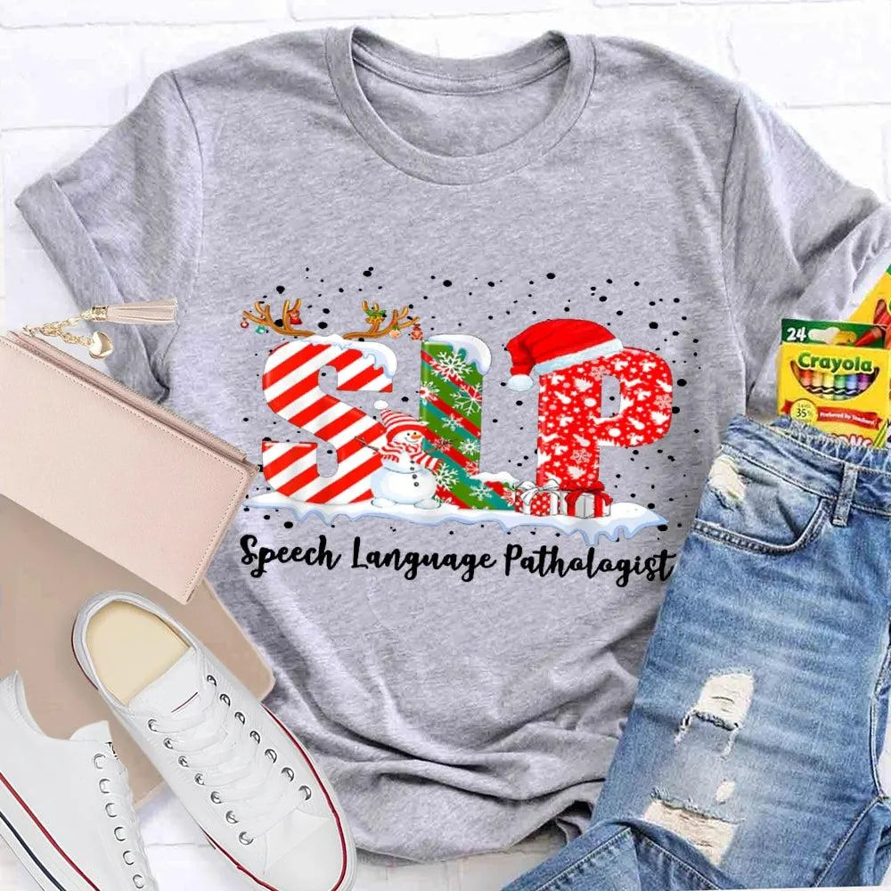 Speech Language Pathologist Tee, SLP Snowman Christmas Shirt, Holiday Speech Therapist T-Shirt, Winter SLP Graphic Tee, Speec
