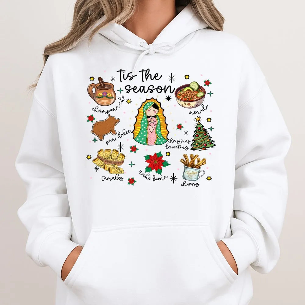 Virgencita Food Holiday Hoodie, Tis the Season Mexican Christmas Hoodie, Latinx Festive Hooded Sweatshirt, Mexican Food Graph