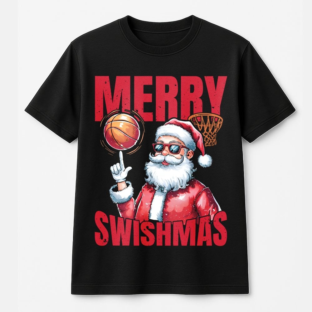 Retro Christmas Basketball Shirt, Merry Swishmas Basketball Santa T-Shirt, Humorous Holiday Sports Basketball Tee, Basketball