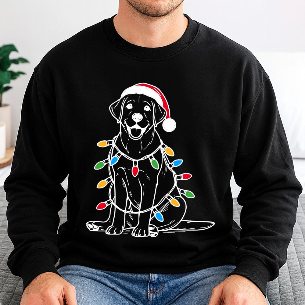 Santa Hat Dog Fairy Lights Sweater, Labrador Christmas Sweatshirt, Festive Lab Holiday Crewneck, Comfy Dog Lover Winter Pullo