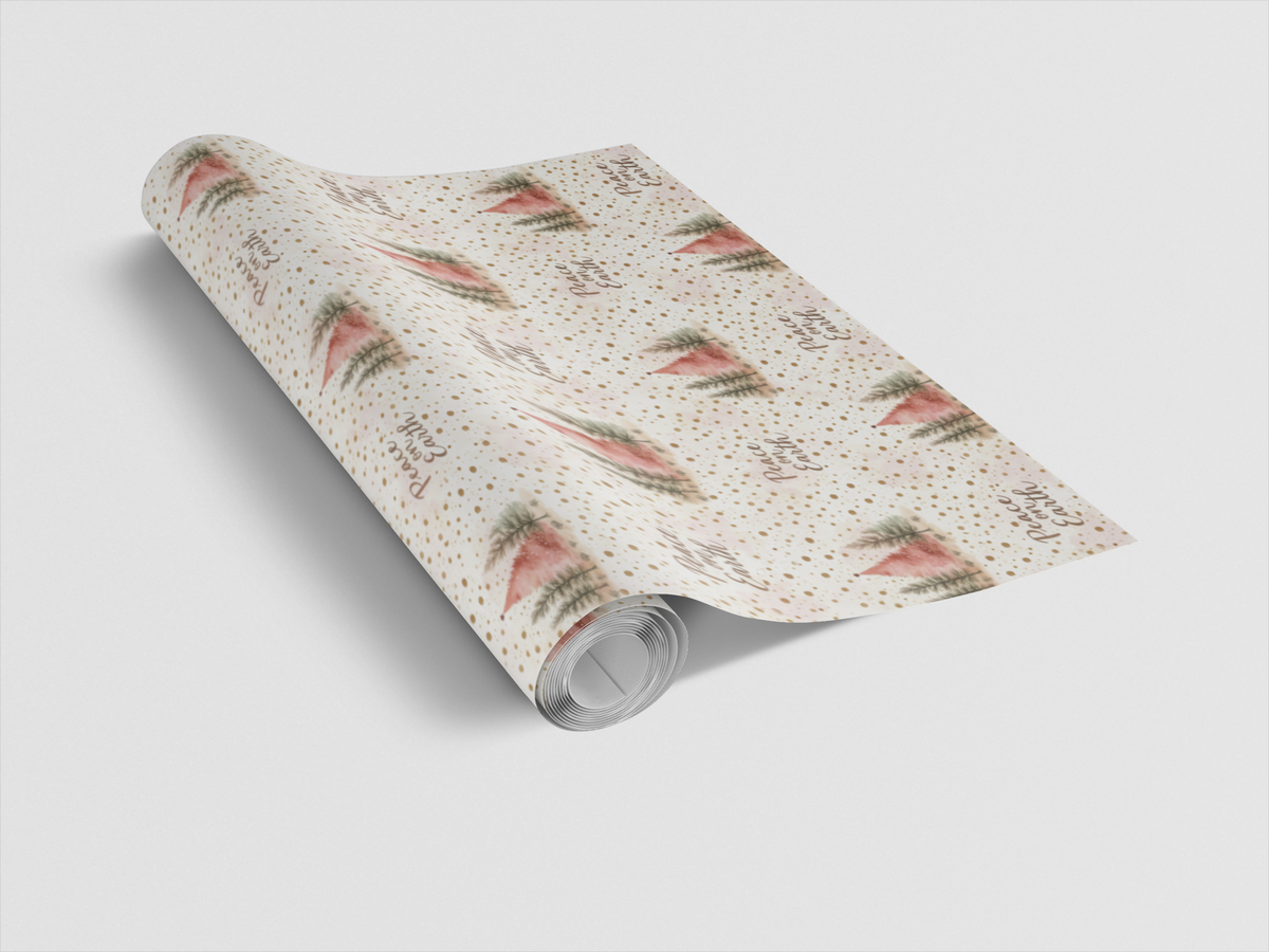 Blush Pink Gold Tree Gift Wrap Paper, Peace on Earth Christmas Wrapping Paper, Winter Forest Present Wrapping, Holiday Gift W