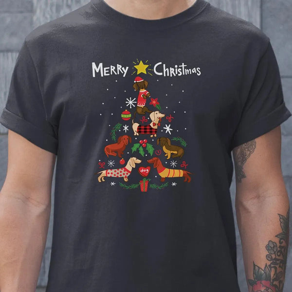 Humorous Holiday Dachshund Graphic Tee, Dachshund Christmas Tree T-Shirt, Adorable Wiener Dog Christmas Shirt, Retro Dachshun