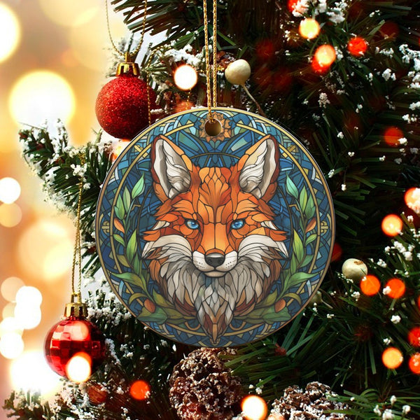 Woodland Animal Ceramic Ornament, Stained Glass Fox Christmas Ornament, Wildlife Lover Tree Ornament, Holiday Keepsake Presen