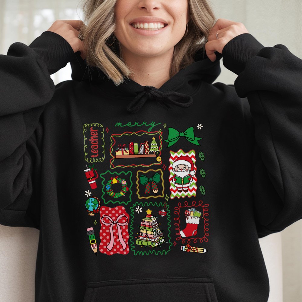 Book Stack Holiday Hoodie, Teacher Christmas Hoodie, Adorable Santa Teacher Sweatshirt, School Educator Christmas Hoodie, Mer