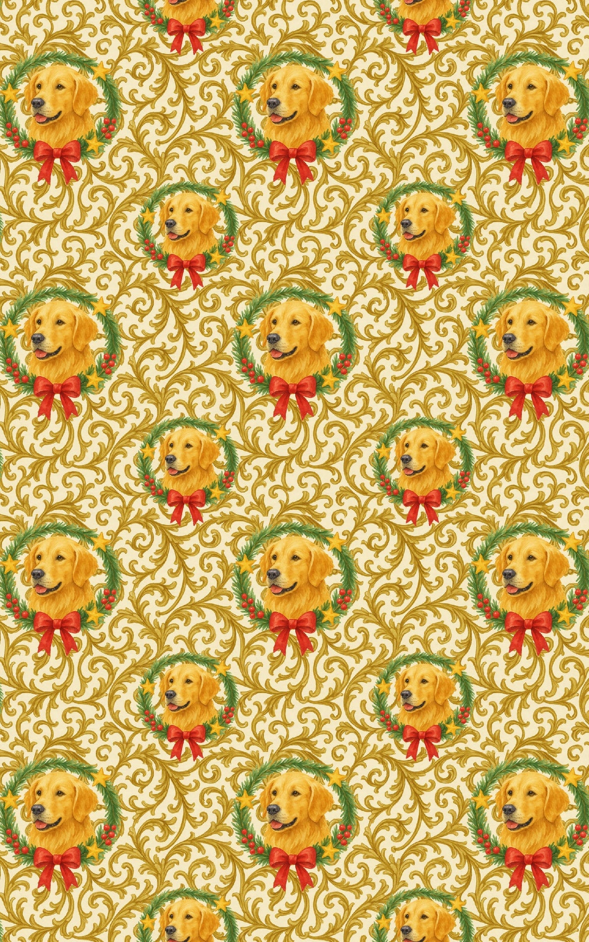 Festive Holiday Wreath Gift Wrap, Golden Retriever Wrapping Paper, Gold Filigree Christmas Wrapping Paper, Dog Lover Gift Wra