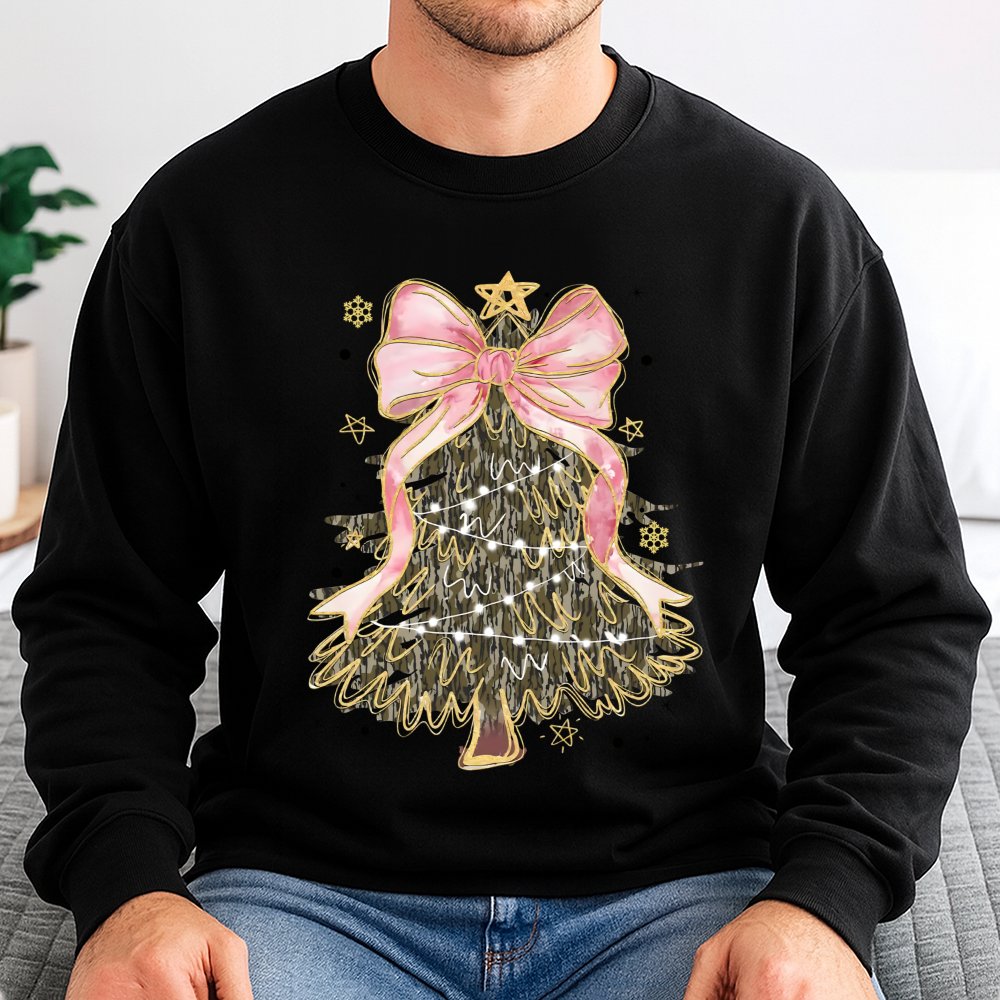 Coquette Pink Bow Xmas Sweater, Camo Christmas Tree Sweatshirt, Camo Tree Holiday Crewneck, Adorable Winter Camo Pullover, Xm