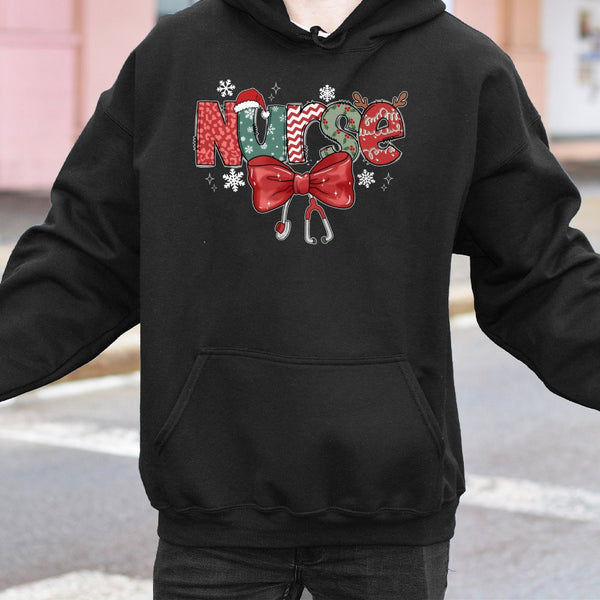Festive Stethoscope Bow Sweatshirt, Christmas Nurse Hoodie, RN Nursing Student Holiday Hoodie, Adorable Medical Pullover, Chr