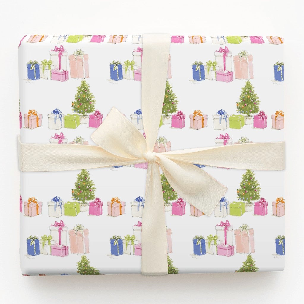 Watercolor Holiday Presents Gift Wrap, Christmas Tree Wrapping Paper, Festive Colorful Xmas Tree Gift Wrapping Paper, Winter 
