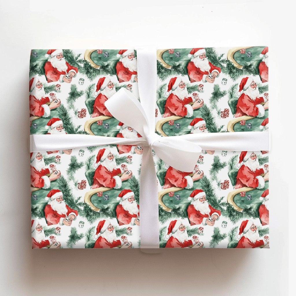 Casino Holiday Gift Wrap, Santa Poker Christmas Wrapping Paper, Humorous Gambling Dice Christmas Wrapping Paper, Game Night P