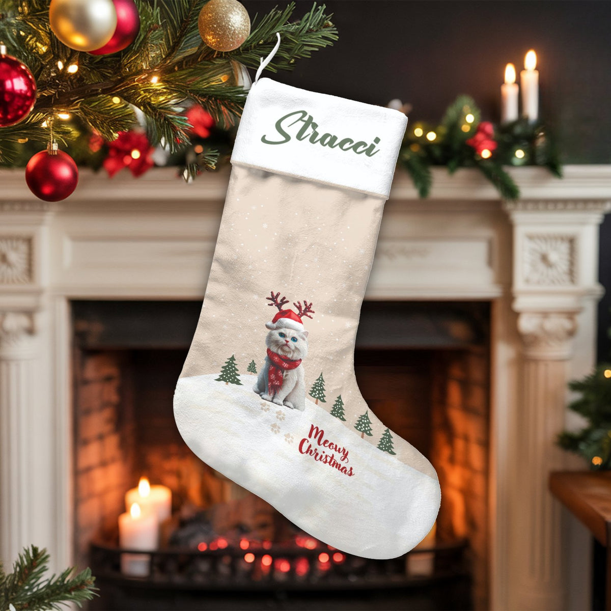 Custom Cat Christmas Stocking, Personalized Reindeer Cat Christmas Stocking, Adorable Pet Holiday Stocking, Velboa Fabric Xma