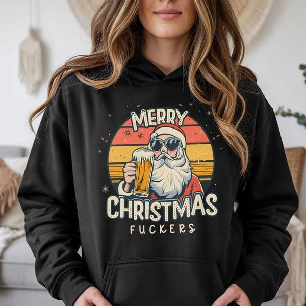 Humorous Santa Sweatshirt, Beer Drinking Santa Hoodie, Retro Santa Graphic Pullover, Sarcastic Christmas Santa Hoodie, Adult 