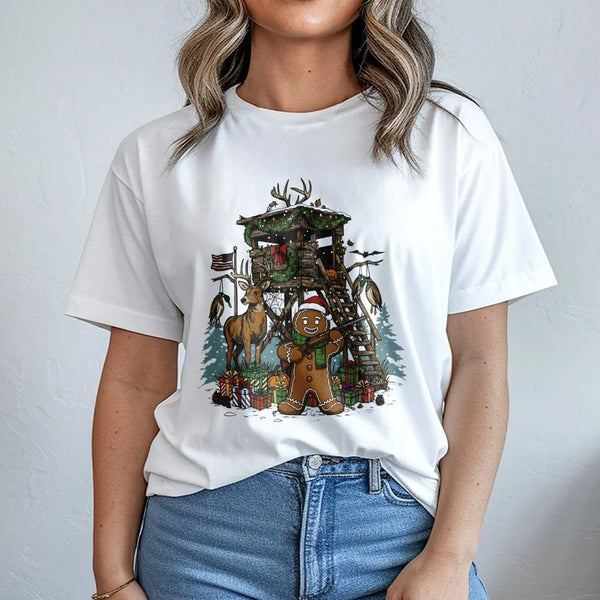 Humorous Christmas Deer Hunter Shirt, Gingerbread Man Hunting T-Shirt, Holiday Buck Hunting Tee, Winter Outdoors Graphic Shir