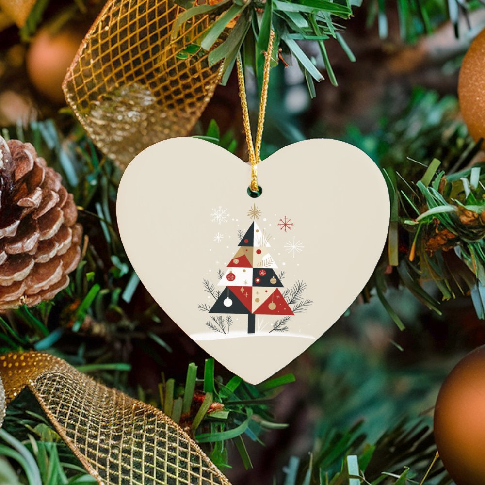 Modern Patchwork Heart Ornament, Geometric Christmas Tree Heart Ornament, Glossy Ceramic Holiday Heart Ornament, Festive Xmas