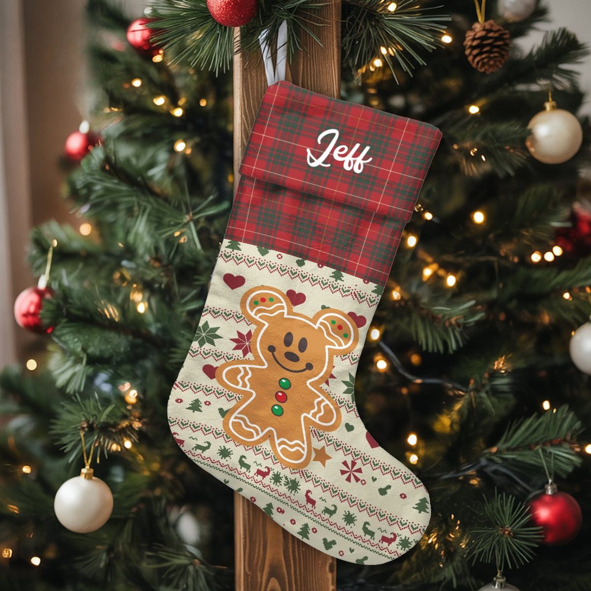 Red Plaid Cuff Holiday Stocking, Personalized Gingerbread Bear Christmas Stocking, Velboa Custom Christmas Stocking, Comfy Fa