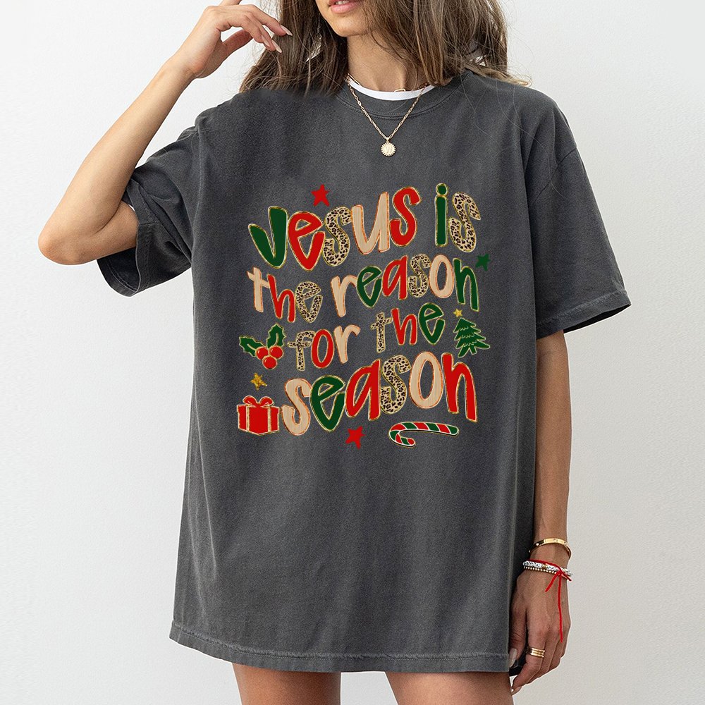 Leopard Print Christian Tee, Jesus Is the Reason for the Season Shirt, Religious Christmas Graphic T-Shirt, Faith Holiday Shi