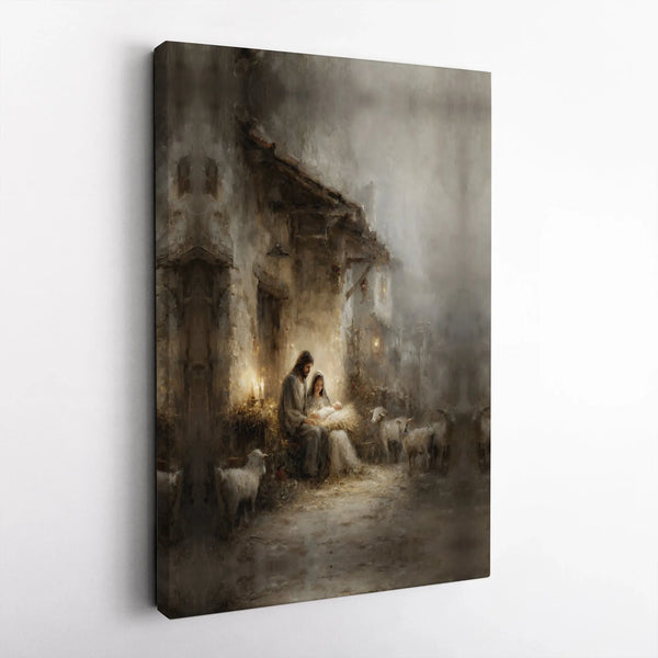 Rustic Holy Family Oil Painting Canvas Print, Nativity Scene Canvas Wall Art, Religious Christmas Wall Decor, Christian Holid