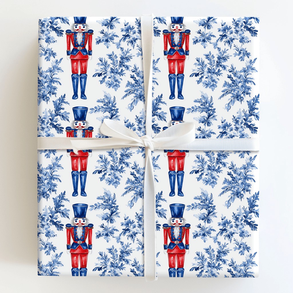 Blue Toile Floral Gift Wrap, Nutcracker Wrapping Paper, Watercolor Nutcracker Soldier Wrapping Paper, Christmas Holiday Prese