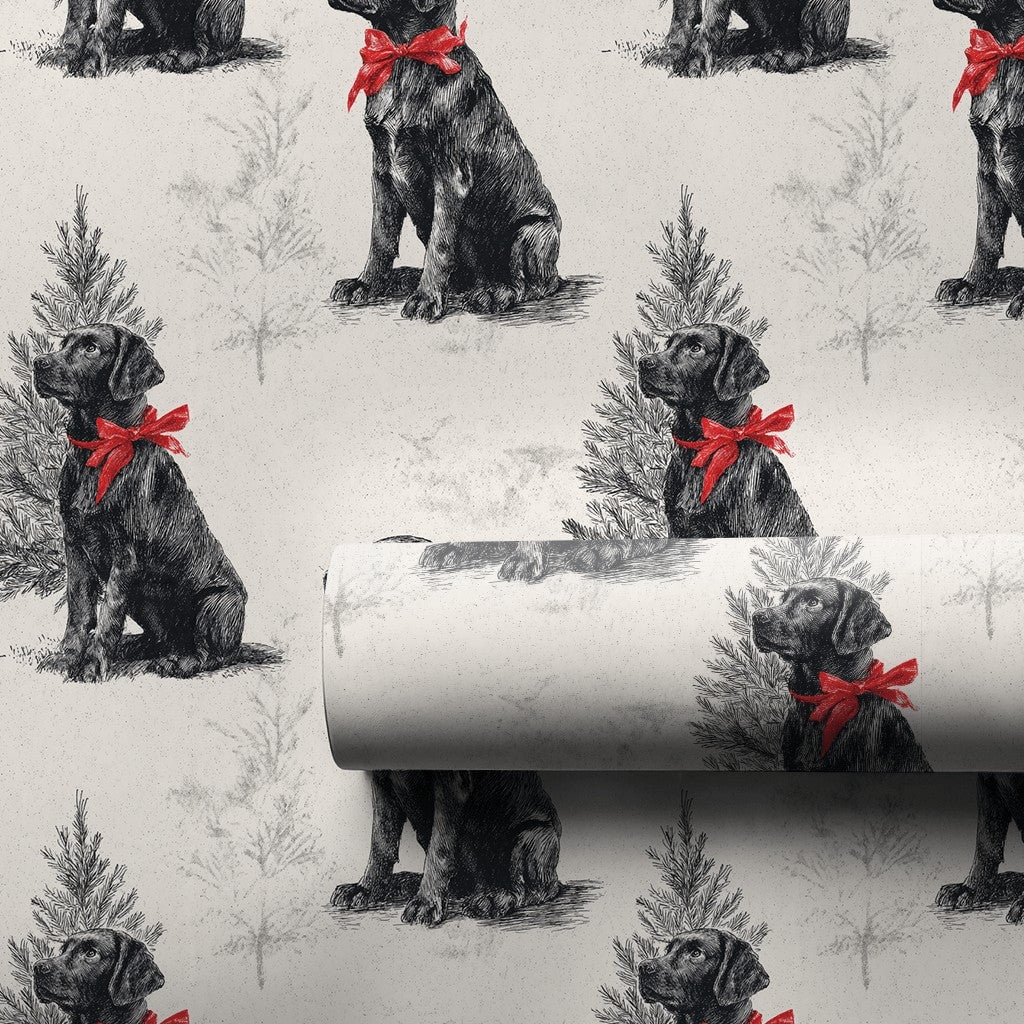 Vintage Dog Holiday Gift Wrap, Black Labrador Christmas Wrapping Paper, Retro Lab Pine Tree Wrapping Paper, Pet Lover Gift Wr