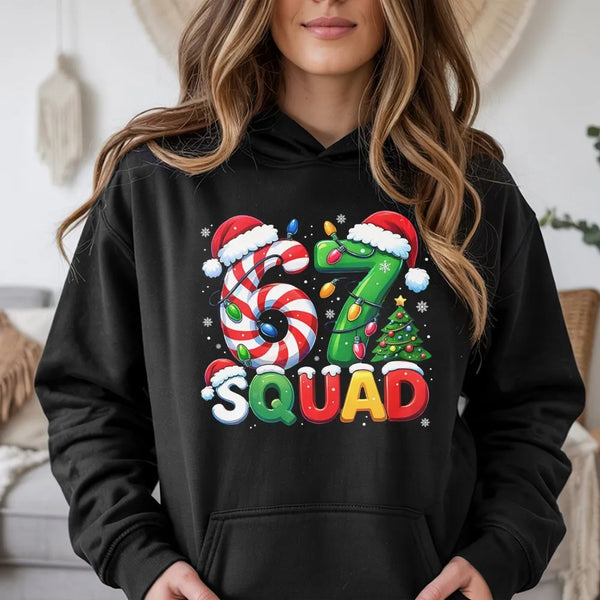 Candy Cane Number Graphic Hoodie, 67 Squad Christmas Hoodie, Matching Family Holiday Hoodie, Festive Winter Group Sweatshirt 