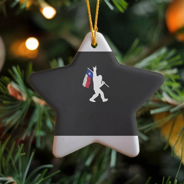 Rockstar Sasquatch Star Ornament, Bigfoot Texas Flag Ceramic Ornament, Lone Star State Christmas Tree Ornament, Texas Pride H