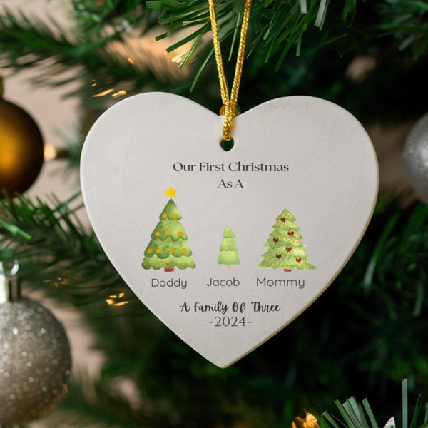 First Christmas as a Family Ceramic Ornament, Family of Three Heart Ornament, New Parents Holiday Keepsake Ornament, Custom 2