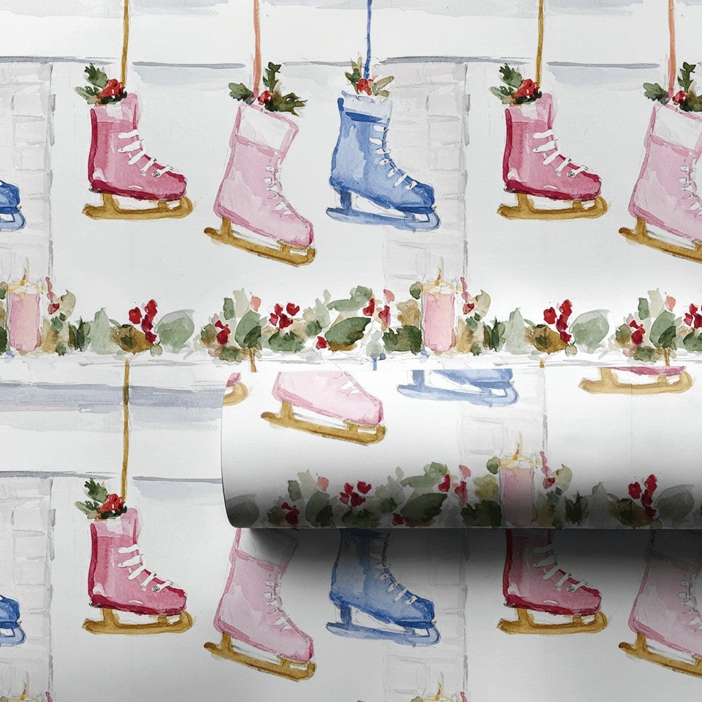 Fireplace Mantel Gift Wrap, Ice Skate Christmas Wrapping Paper, Watercolor Winter Skater Wrapping Paper, Holiday Gift Wrap Ro