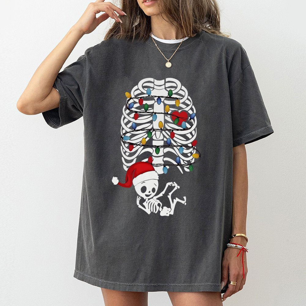 Skeleton Baby Holiday Lights Tee, Christmas Pregnancy T-Shirt, Humorous Maternity Xmas Shirt, Adorable Pregnancy Announcement
