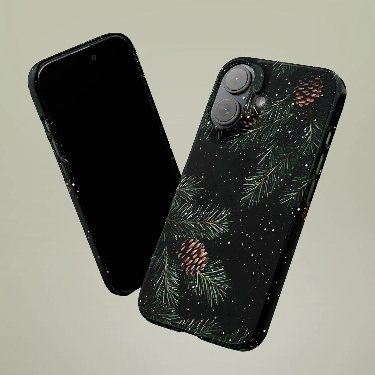 Winter Evergreen Branch Phone Case, Pine Cone iPhone Phone Case, Falling Snow Botanical Tough Cover, Nature Lover Christmas P