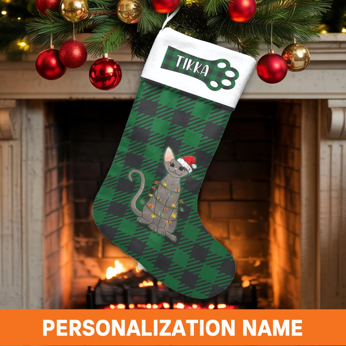 Green Buffalo Plaid Holiday Stocking, Cat Lover Christmas Stocking, Personalized Pet Christmas Stocking, Custom Xmas Fireplac