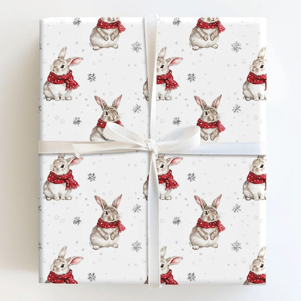 Watercolor Rabbit in Scarf Gift Wrap, Winter Bunny Wrapping Paper, Adorable Christmas Wrapping Paper, Snowy Holiday Present G
