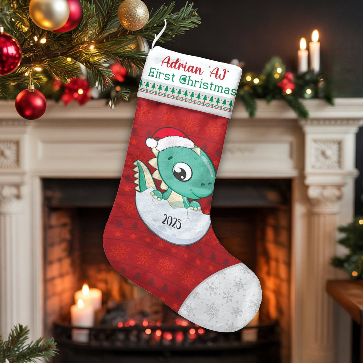 Custom First Christmas Stocking 2025, Baby Dinosaur Christmas Stocking, Kids Holiday Stocking, Adorable Dino Mantel Decor, Pe