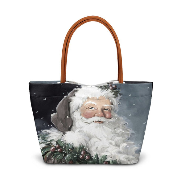 Classic Christmas Holly Tote Bag, Vintage Santa Claus Tote Bag, Retro Holiday Shoulder Handbag, Festive Xmas Everyday Carryal