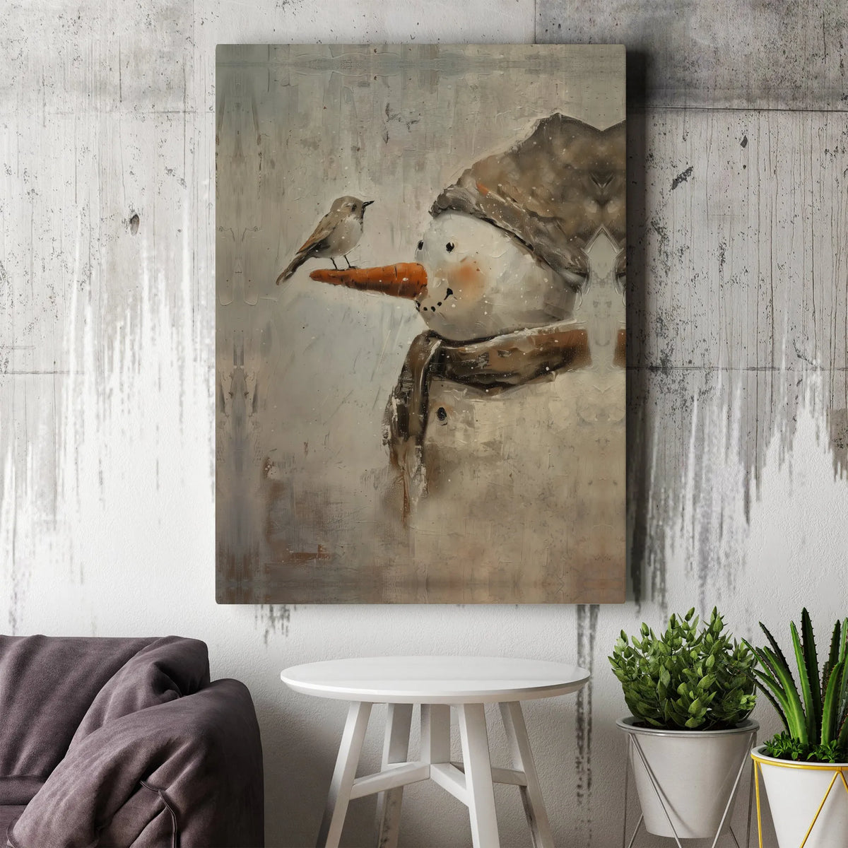 Winter Forest Bird Canvas Print, Rustic Snowman Canvas Wall Art, Whimsical Farmhouse Holiday Canvas Decor, Comfy Seasonal Chr