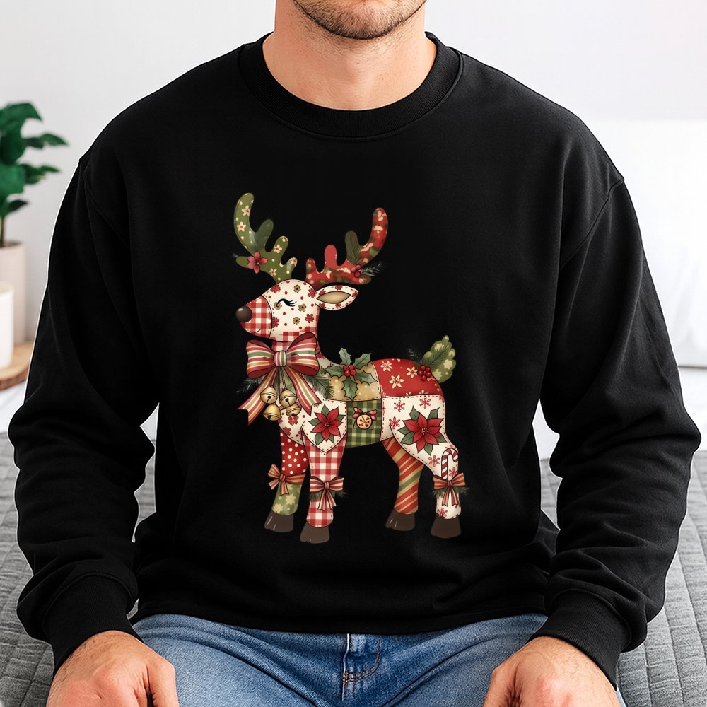 Floral Reindeer Shirt, Patchwork Reindeer Sweatshirt, Festive Christmas Reindeer Sweater, Comfy Holiday Crewneck Sweatshirt, 