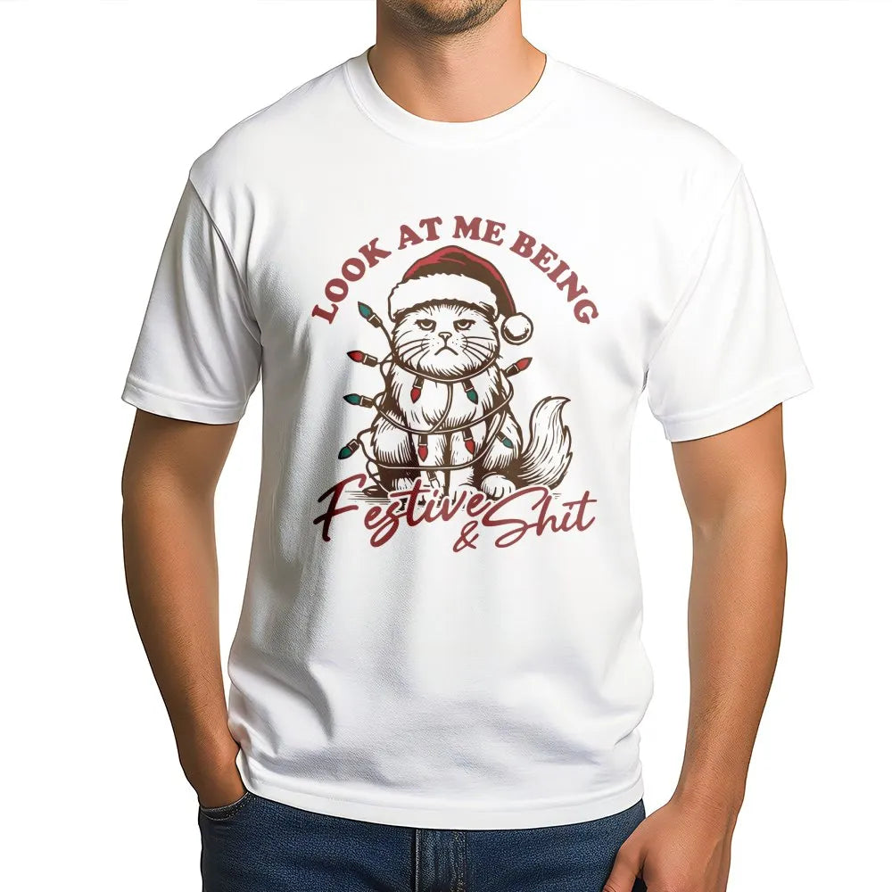 Grumpy Holiday Kitty Tee, Humorous Christmas Cat T-Shirt, Sarcastic Festive Graphic Shirt, Xmas Cat Lover Present for Men and