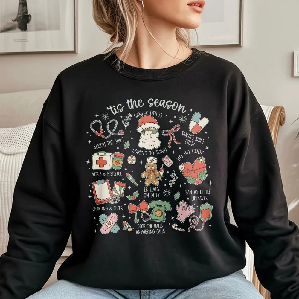 Medical Holiday Doodle Sweatshirt, Nurse Christmas Sweatshirt, Healthcare Worker Xmas Crewneck, Adorable Nursing Winter Graph