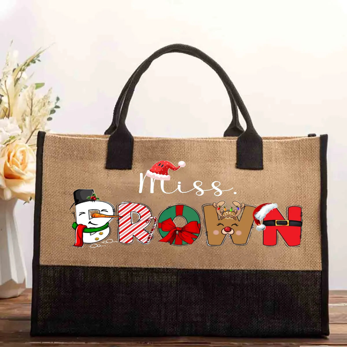 Custom Name Holiday Present Tote Bag, Personalized Teacher Christmas Cotton Tote Bag, Festive Canvas Shoulder Shopper