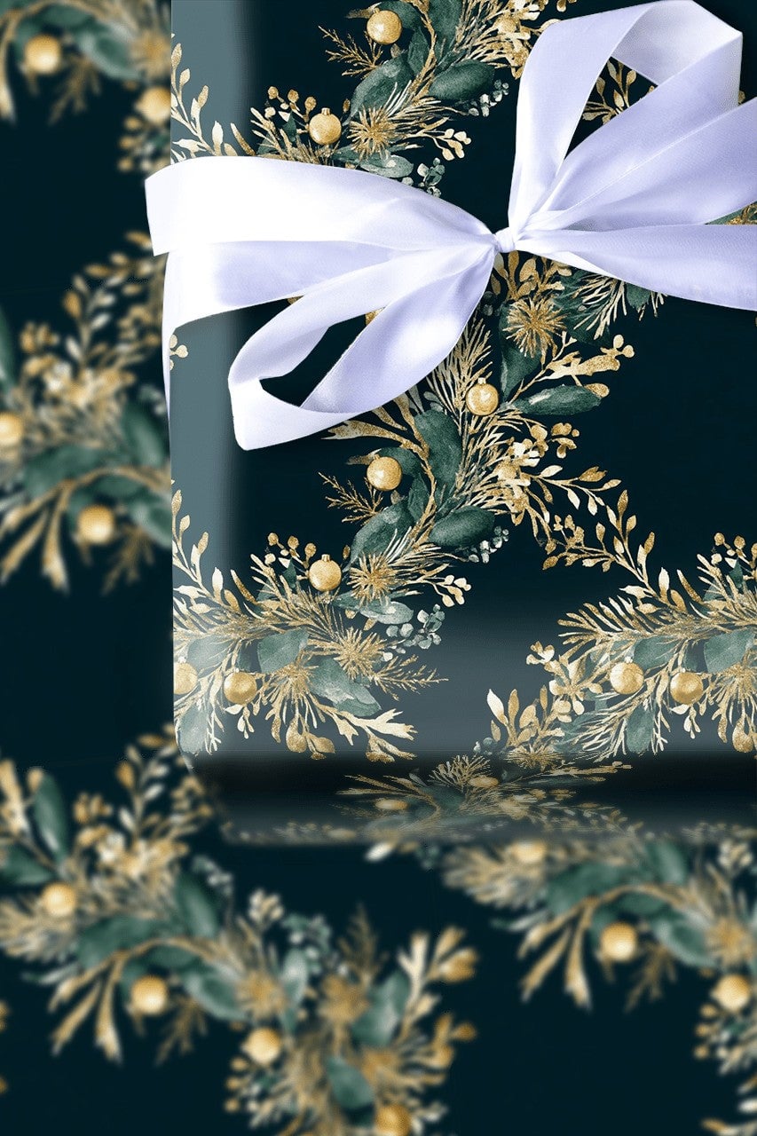 Elegant Gold Green Gift Wrap Roll, Botanical Wreath Christmas Wrapping Paper, Winter Holiday Present Paper, Dark Floral Gift 