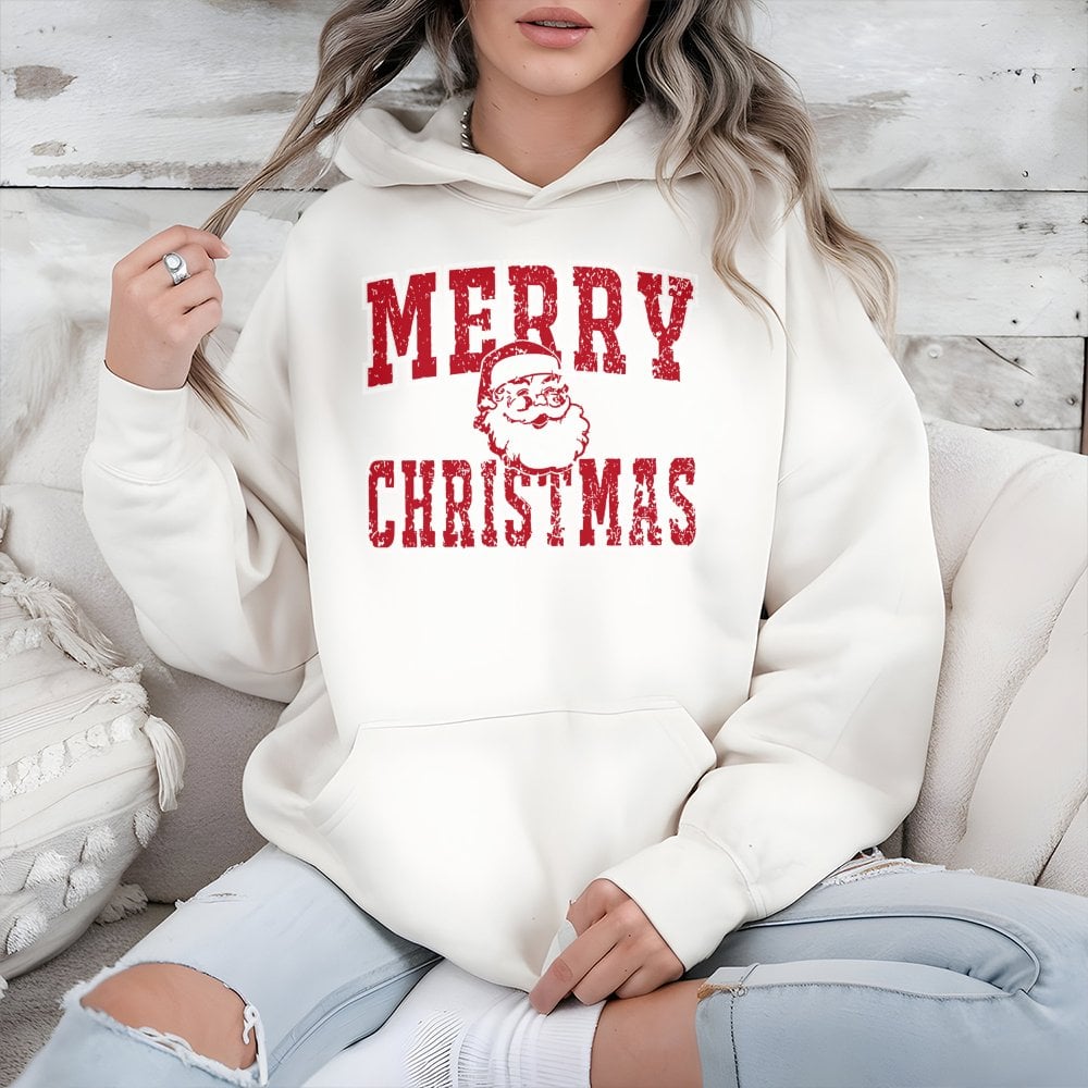 Retro Distressed Santa Claus Sweatshirt, Merry Christmas Santa Hoodie, Festive Xmas Holiday Hooded Pullover, Winter Vintage T