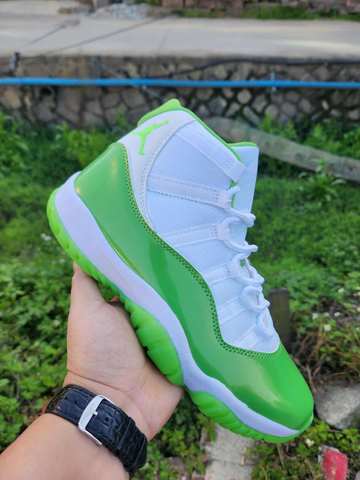 High Top Sneakers, White Green Colorway, Lace Up Design, Casual Gift for Sneaker Fans